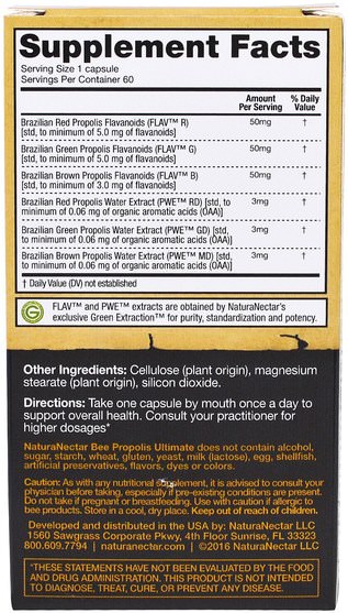 補充劑，蜂產品，蜂膠 - NaturaNectar, Bee Propolis Ultimate, 60 Veggie Caps