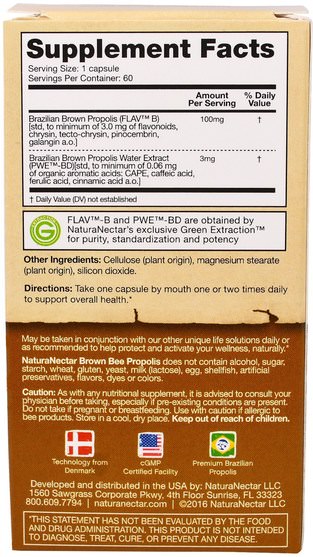 補充劑，蜂產品，蜂膠 - NaturaNectar, Brown Bee Propolis, 60 Veggie Caps