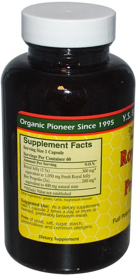 補充劑，蜂產品，蜂王漿，蜂膠 - Y.S. Eco Bee Farms, Royal Jelly, Propolis, 1.000 mg/400 mg, 60 Capsules
