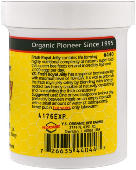 補充劑，蜂產品，蜂王漿，食品，甜味劑 - Y.S. Eco Bee Farms, Royal Jelly In Honey, 625 mg, 5.6 oz (160 g)
