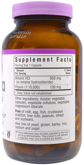 補充劑，甜菜鹼hcl，消化酶 - Bluebonnet Nutrition, Betaine HCl, Plus Pepsin, 180 Veggie Caps