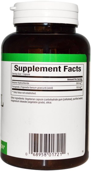 補充劑，甜菜鹼hcl，酶 - Natural Factors, Betaine HCL, with Fenugreek, 500 mg, 180 Veggie Caps