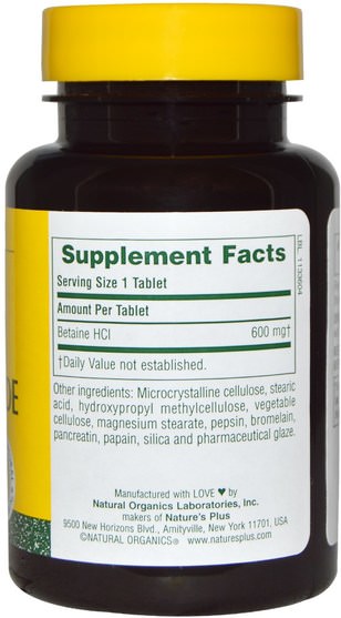 補充劑，甜菜鹼hcl，酶 - Natures Plus, Betaine Hydrochloride, 600 mg, 90 Tablets