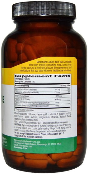 補充劑，甜菜鹼hcl，鹽酸氨基葡萄糖 - Country Life, Betaine Hydrochloride, with Pepsin, 600 mg, 250 Tablets