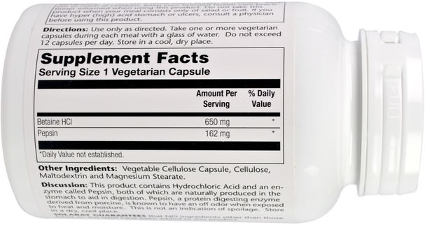 補充劑，甜菜鹼hcl - Solaray, HCL with Pepsin, 650 mg, 100 Vegetarian Capsules