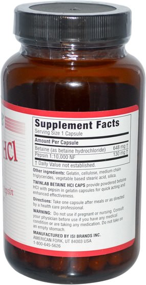 補充劑，甜菜鹼hcl - Twinlab, Betaine HCL Caps, 100 Capsules