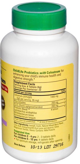 補充劑，牛製品，初乳，益生菌，兒童益生菌 - ChildLife, Probiotics, With Colostrum, Mixed Berry Flavor, 90 Chewable Tablets