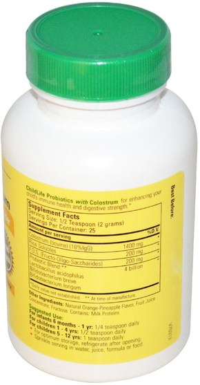 補充劑，牛製品，初乳，益生菌，兒童益生菌 - ChildLife, Probiotics, With Colostrum, Powder, Natural Orange/Pineapple Flavor, 1.7 oz (50 g)