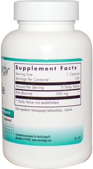 補充劑，牛製品，酶，膽汁酸 - Nutricology, Ox Bile, 500 mg, 100 Vegicaps