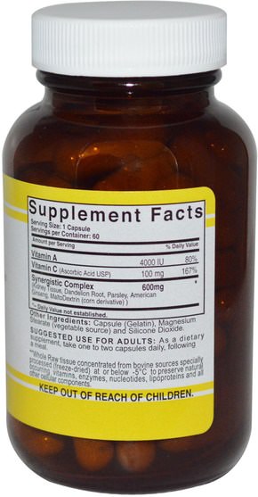 補充劑，牛產品 - Natural Sources, Raw Kidney, 60 Capsules
