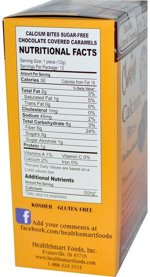 熱敏性產品，補品，鈣，咀嚼鈣 - HealthSmart Foods, ChocoRite, Calcium Bites, Chocolate Covered Caramels, 12 Packages, 12 g Each