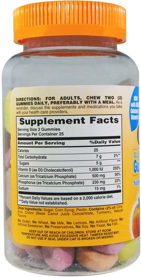 熱敏性產品，補品，鈣，咀嚼鈣 - Sundown Naturals, Calcium, with Vitamin D3, Peach, Banana and Cherry Flavored, 50 Gummies