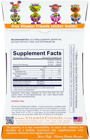 補充劑，兒童益生菌 - Vitamin Friends, Probayo, Acidophilus & Prebiotic, 20 Vanilla Bears