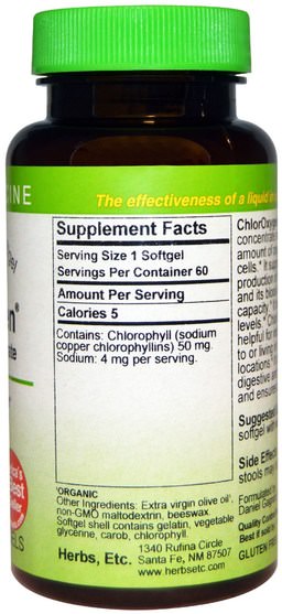 補充劑，葉綠素，健康 - Herbs Etc., ChlorOxygen, Chlorophyll Concentrate, 60 Fast-Acting Softgels