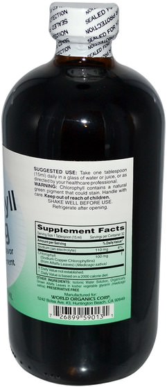 補充劑，葉綠素 - World Organic Liquid Chlorophyll, 100 mg, 16 fl oz (474 ml)