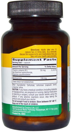 補充劑，輔酶b維生素，benfotiamine - Country Life, Benfotiamine, with Coenzyme B1, 150 mg, 60 Veggie Caps