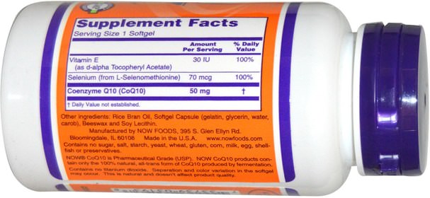 補充劑，輔酶q10，coq10 050毫克 - Now Foods, CoQ10, With Selenium and Vitamin E, 50 mg, 100 Softgels