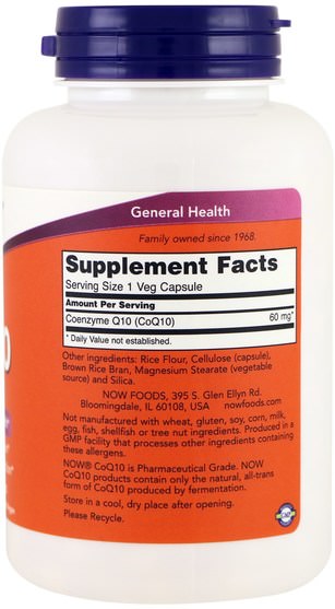 補充劑，輔酶q10，coq10 60毫克 - Now Foods, CoQ10, 60 mg, 180 Veg Capsules