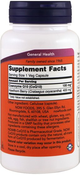 補充劑，輔酶q10，coq10 - Now Foods, CoQ10, With Hawthorn Berry, 100 mg, 90 Veg Capsules