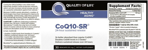 補充劑，輔酶q10，coq10 - Quality of Life Labs, CoQ10-SR, 100mg, 30 Vegicaps