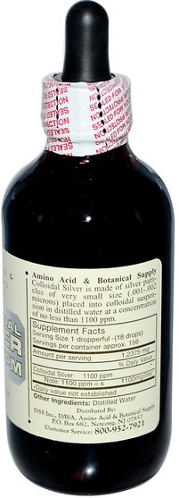 補充劑，膠體銀 - Amino Acid & Botanical Supply, Colloidal Silver, 1.100 ppm, 4 fl oz (118.28 ml)