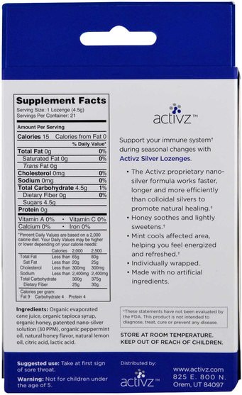 補充劑，膠體銀，感冒和病毒，喉嚨護理噴霧 - Activz, Natural Silver Lozenges, 21 Lozenges, 3.4 oz (95 g)