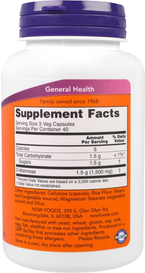 補充劑，d-甘露糖 - Now Foods, D-Mannose, 500 mg, 120 Veggie Caps