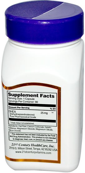補充劑，dhea - 21st Century, DHEA-25 mg, 90 Capsules