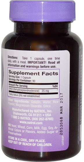 補充劑，dhea - Natrol, DHEA, 25 mg, 90 Capsules