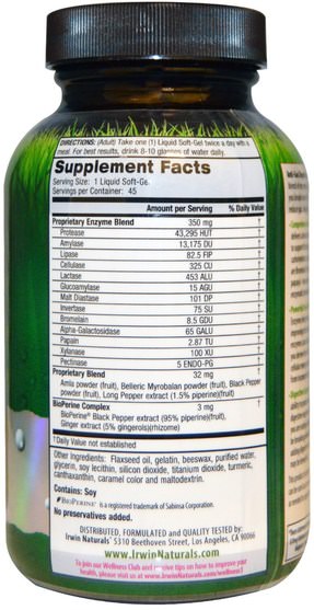補品，消化酶，健康 - Irwin Naturals, Anti-Gas Digestive Enzymes, 45 Liquid Soft-Gels