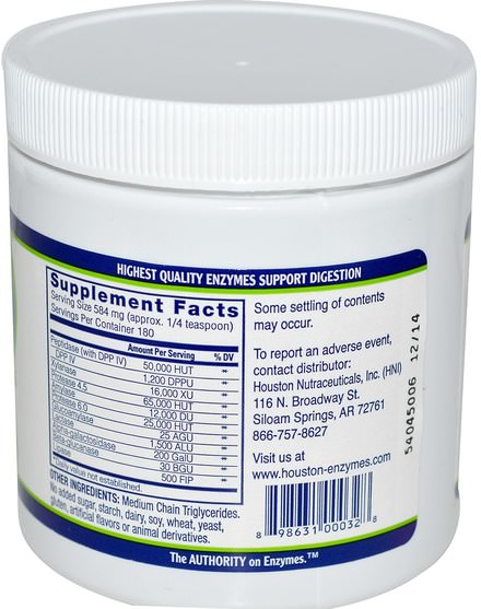 補充劑，消化酶 - Houston Enzymes, TriEnza Powder with DPP IV Activity, 105 g