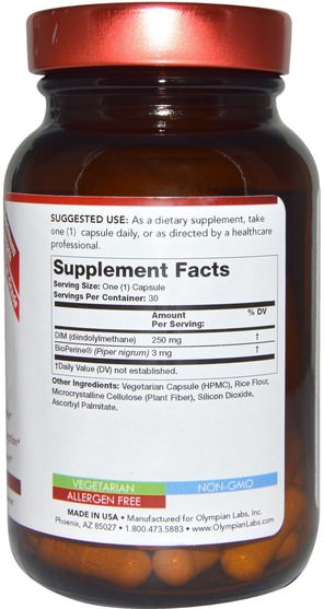 補充劑，二吲哚基甲烷（暗） - Olympian Labs DIM-250, 30 Vegetarian Capsules