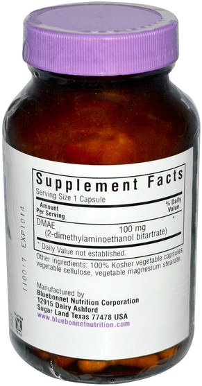 補充劑，dmae液體和標籤 - Bluebonnet Nutrition, DMAE, 100 mg, 100 Vcaps