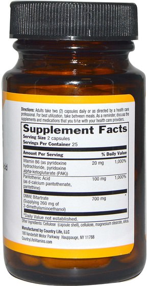 補充劑，dmae液體和標籤 - Country Life, DMAE, Coenzymized, 350 mg, 50 Veggie Caps