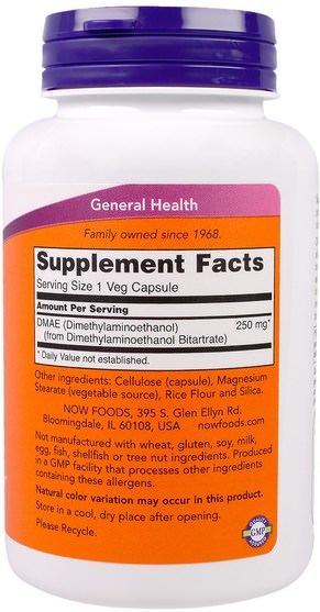 補充劑，dmae液體和標籤 - Now Foods, DMAE, 250 mg, 100 Veggie Caps
