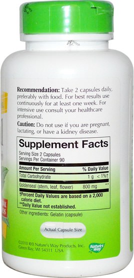 補充劑，紫錐花 - Natures Way, Goldenseal, Herb, 400 mg, 180 Capsules