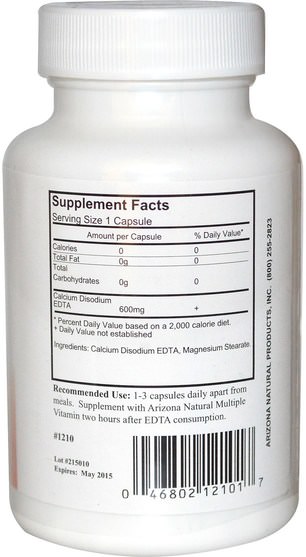 補充，edta - Arizona Natural, EDTA, 600 mg, 100 Capsules