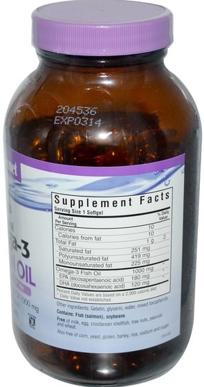 補充劑，efa omega 3 6 9（epa dha） - Bluebonnet Nutrition, Natural Omega-3 Salmon Oil, 1000 mg, 180 Softgels