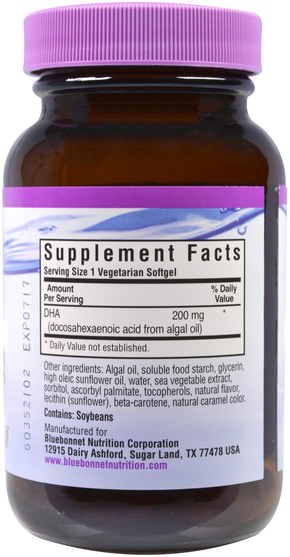 補充劑，efa omega 3 6 9（epa dha） - Bluebonnet Nutrition, Natural Omega-3, Vegetarian DHA, 200 mg, 60 Veggie Softgels