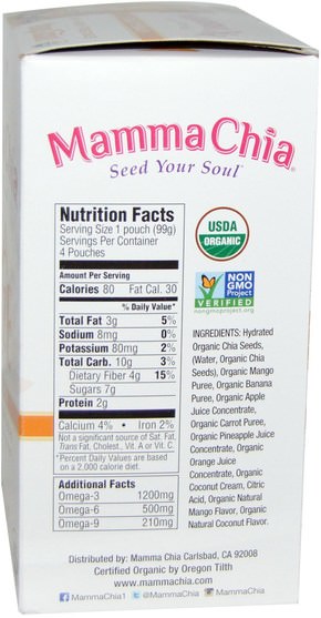 補充劑，efa omega 3 6 9（epa dha），正大種子 - Mamma Chia, Chia Squeeze, Vitality Snack, Mango Coconut, 4 Squeezes, 3.5 oz (99 g) Each