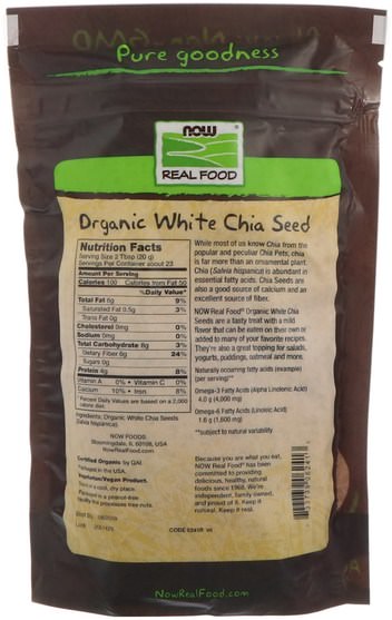 補充劑，efa omega 3 6 9（epa dha），正大種子 - Now Foods, Real Food, Organic White Chia Seed, 1 lb (454 g)