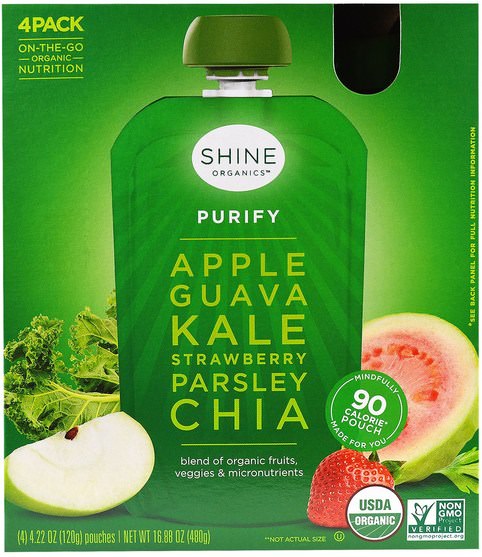 補充劑，efa omega 3 6 9（epa dha），正大種子 - SHINE Organics, Purify, Apple, Guava, Kale, Strawberry, Parsley, Chia, 4 Pouches, 4.22 oz (120 g) Each