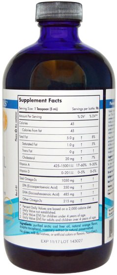 補充劑，efa omega 3 6 9（epa dha），魚肝油，魚肝油液 - Nordic Naturals, Arctic Cod Liver Oil, Orange, 16 fl oz (473 ml)