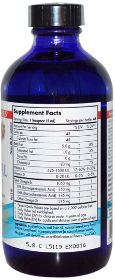 補充劑，efa omega 3 6 9（epa dha），魚肝油，魚肝油液 - Nordic Naturals, Arctic Cod Liver Oil, Strawberry, 8 fl oz (237 ml)