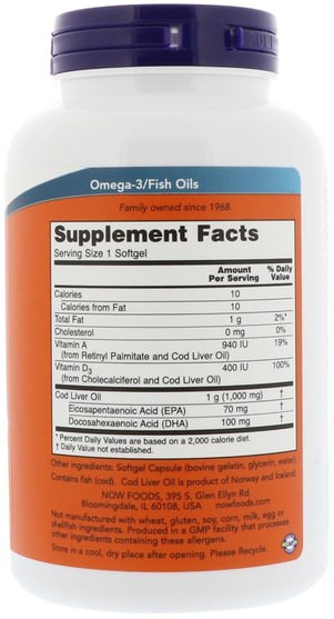 補充劑，efa omega 3 6 9（epa dha），魚肝油，魚肝油軟膠囊 - Now Foods, Cod Liver Oil, 1.000 mg, 180 Softgels