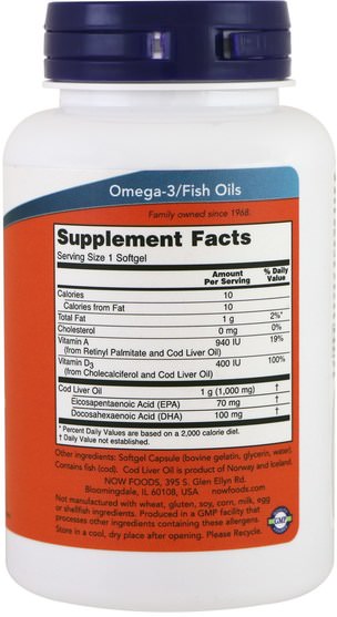 補充劑，efa omega 3 6 9（epa dha），魚肝油，魚肝油軟膠囊 - Now Foods, Cod Liver Oil, 1.000 mg, 90 Softgels