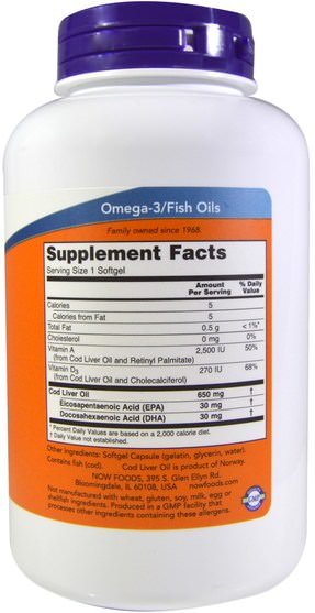 補充劑，efa omega 3 6 9（epa dha），魚肝油，魚肝油軟膠囊 - Now Foods, Cod Liver Oil, 650 mg, 250 Softgels