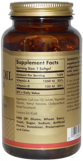 補充劑，efa omega 3 6 9（epa dha），魚肝油 - Solgar, Cod Liver Oil, Vitamin A & D, 250 Softgels