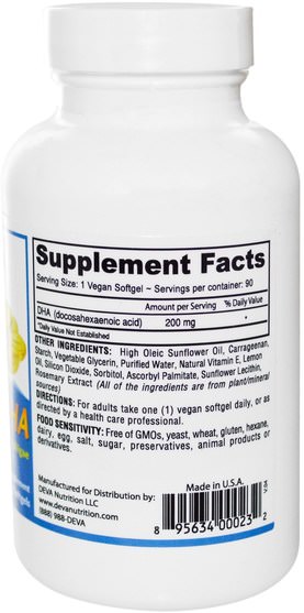 補充劑，efa omega 3 6 9（epa dha），dha - Deva, Vegan, Omega-3 DHA, 90 Vegan Softgels