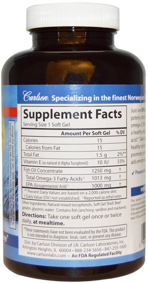 補充劑，efa omega 3 6 9（epa dha），epa，魚油 - Carlson Labs, Elite EPA Gems, 1000 mg, 120 Soft Gels